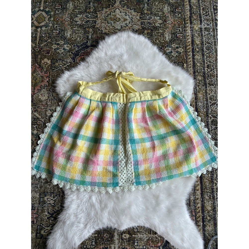 Vintage‎ Pastel Plaid Half Apron Crochet Lace Trim Tie Back Kitchen Cute